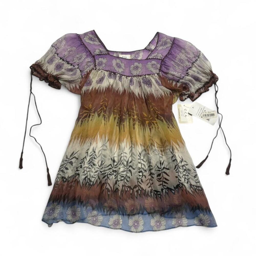 Eci Silk Woman New York purple floral silk dress flowly coquette Size L 14 NWT - Picture 7 of 8